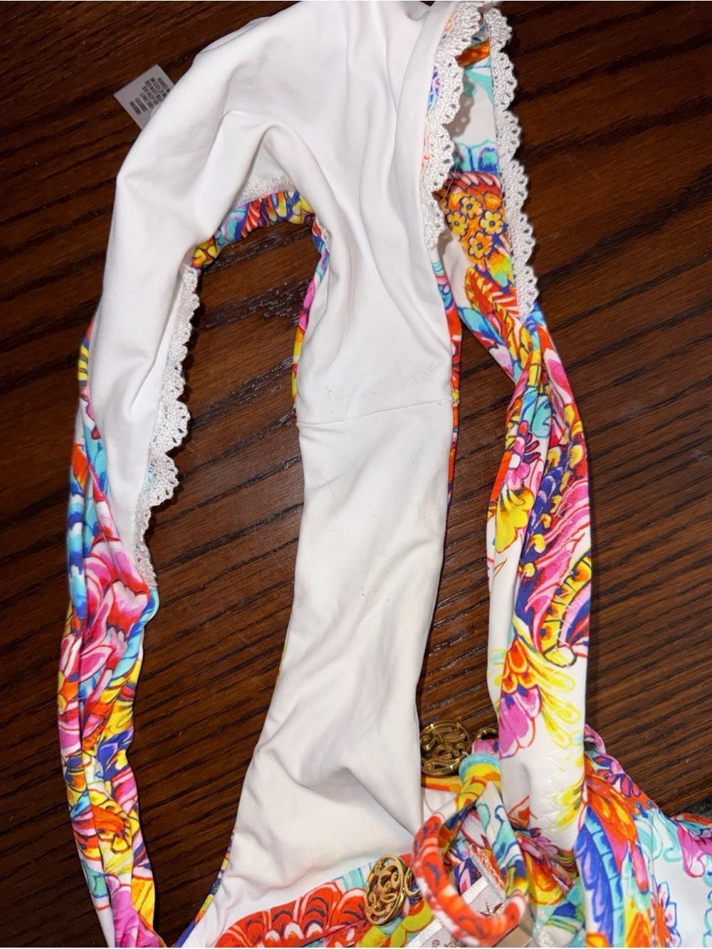 Luli Fama Multicolor Floral Lace-Trim Bikini - White, Orange, Pink, Blue, Yellow - Picture 5 of 5